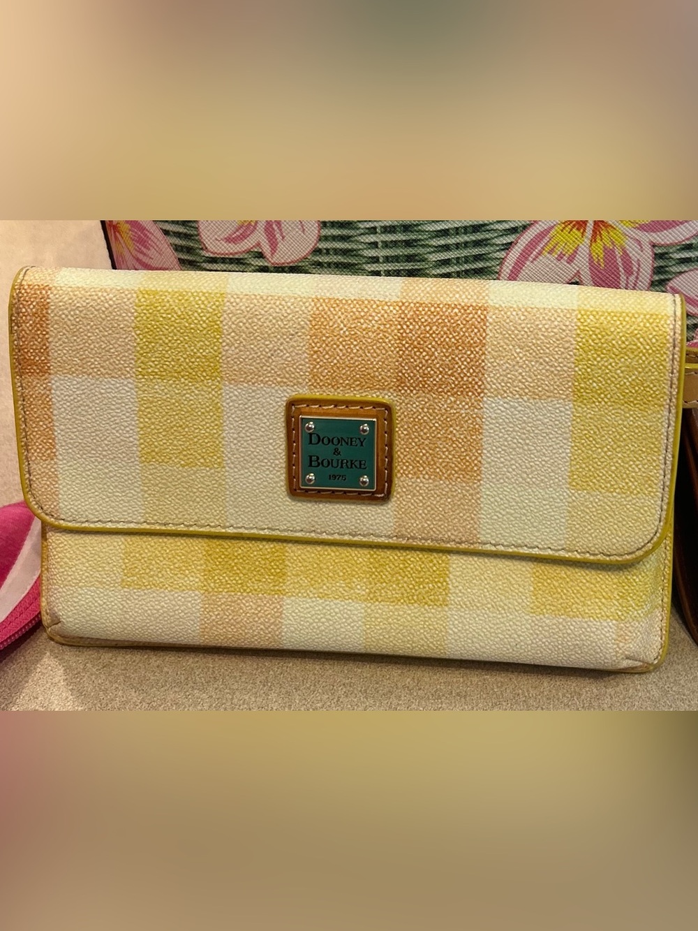 Dooney & Bourke Yellow and White Check Leather Clutch